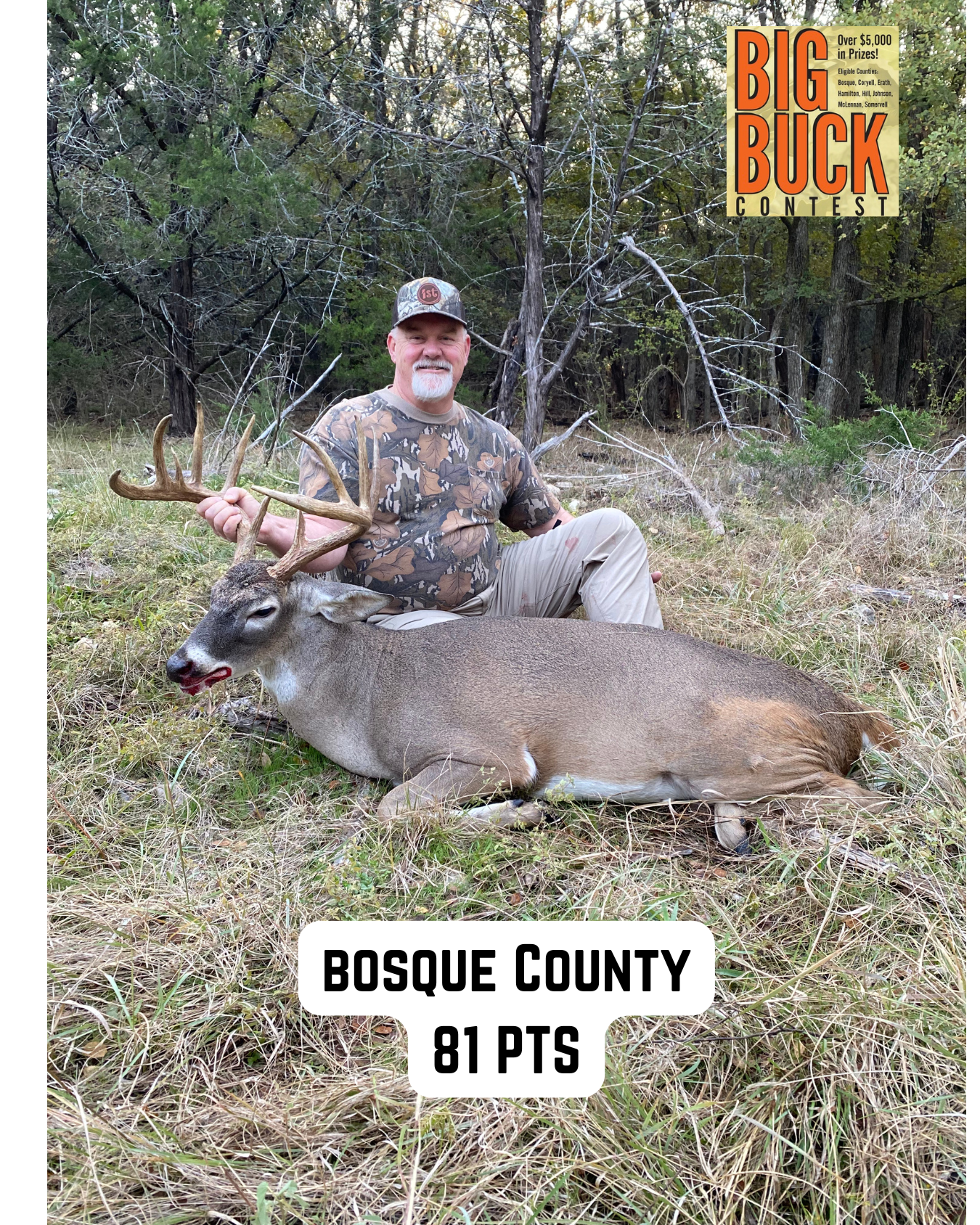 Man posing with a deer he hunted in Bosque County, Texas. The deer has 81 points.