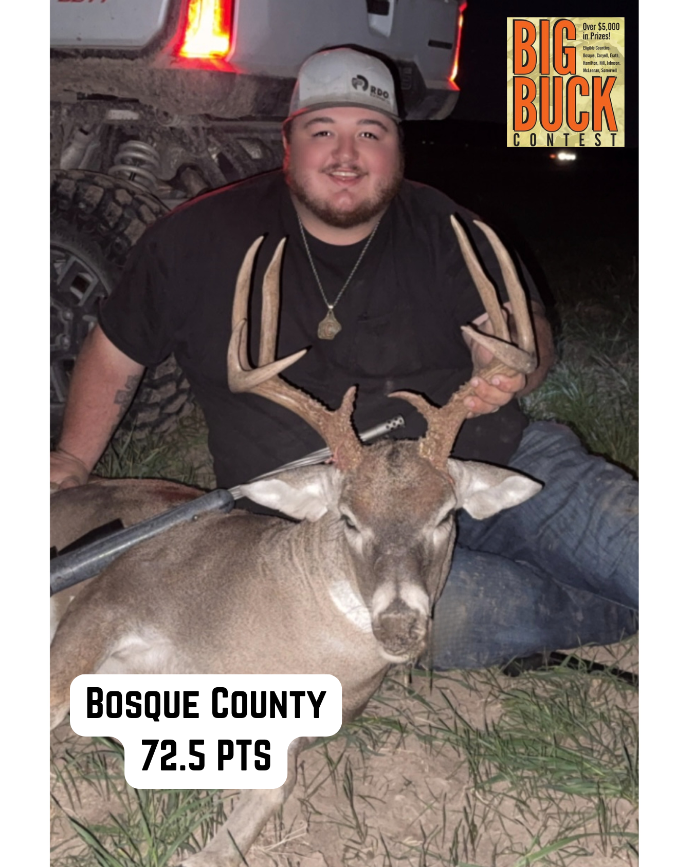 Man with a deer he hunted; Bosque County, 72.5 points. He is smiling and holding the antlers.