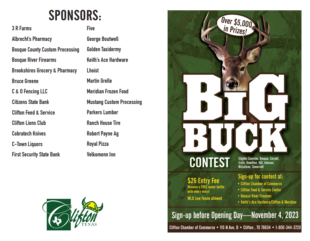 A poster for a big buck contest with sponsors