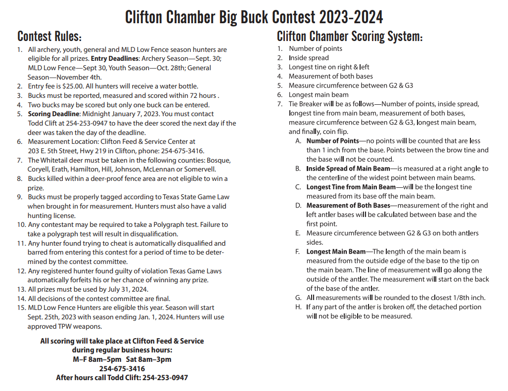 A piece of paper that says clifton chamber big buck contest 2023-2024