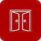 A red circle with a white outline of a pair of doors.