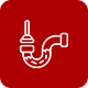 A white line icon of a drain pipe on a red background.