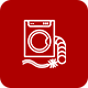 A washing machine with a cord attached to it on a red background.