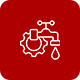 A faucet with a gear and a drop of water on a red background.