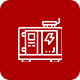 An icon of a generator on a red background.