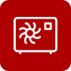 An icon of a fan on a red background.