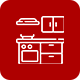 An icon of a kitchen with a stove , cabinets , drawers and a shelf.