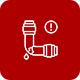 A line drawing of a hose with a warning sign on a red background.