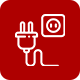 An icon of a plug and a socket on a red background.