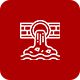 A line drawing of a drain with water pouring out of it on a red background.