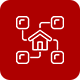 A red icon with a house and arrows on it.
