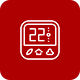 A digital thermometer icon on a red background.