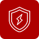 A shield with a lightning bolt inside of it on a red background.