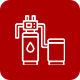 A line drawing of a water filter and a cup on a red background.