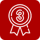 A white ribbon with a number three inside of it on a red background.