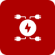 A red square with a white icon of a lightning bolt in a circle surrounded by plugs.