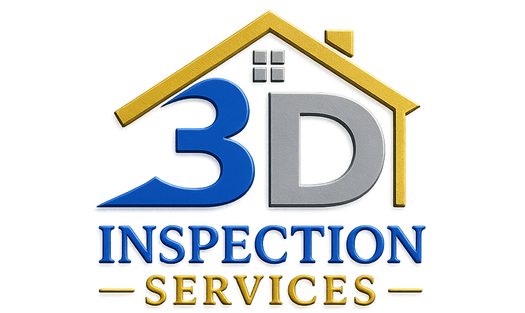 Logo for 3D Inspection Services, Inc., featuring a house icon with a magnifying glass and golden text.