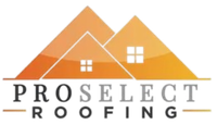 Logo for ProSelect Roofing with three orange house shapes and the company name.