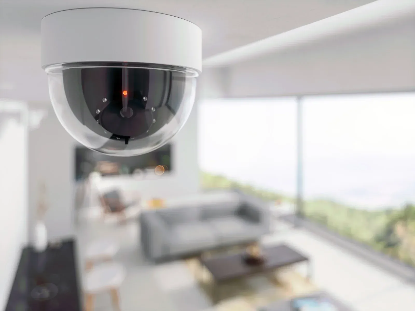 A security camera is hanging from the ceiling in a living room.