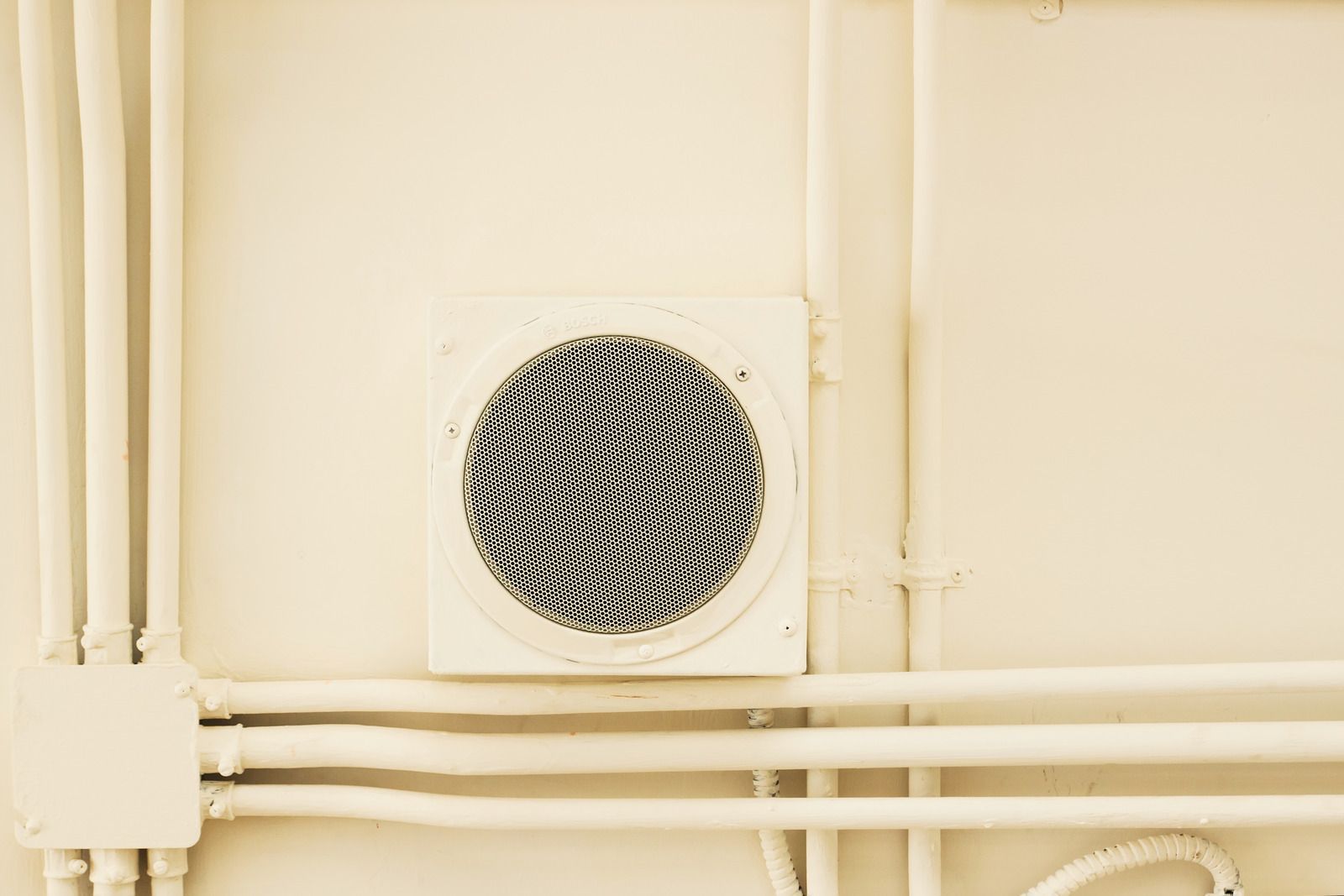 White speaker and wiring mounted on a cream-colored wall.