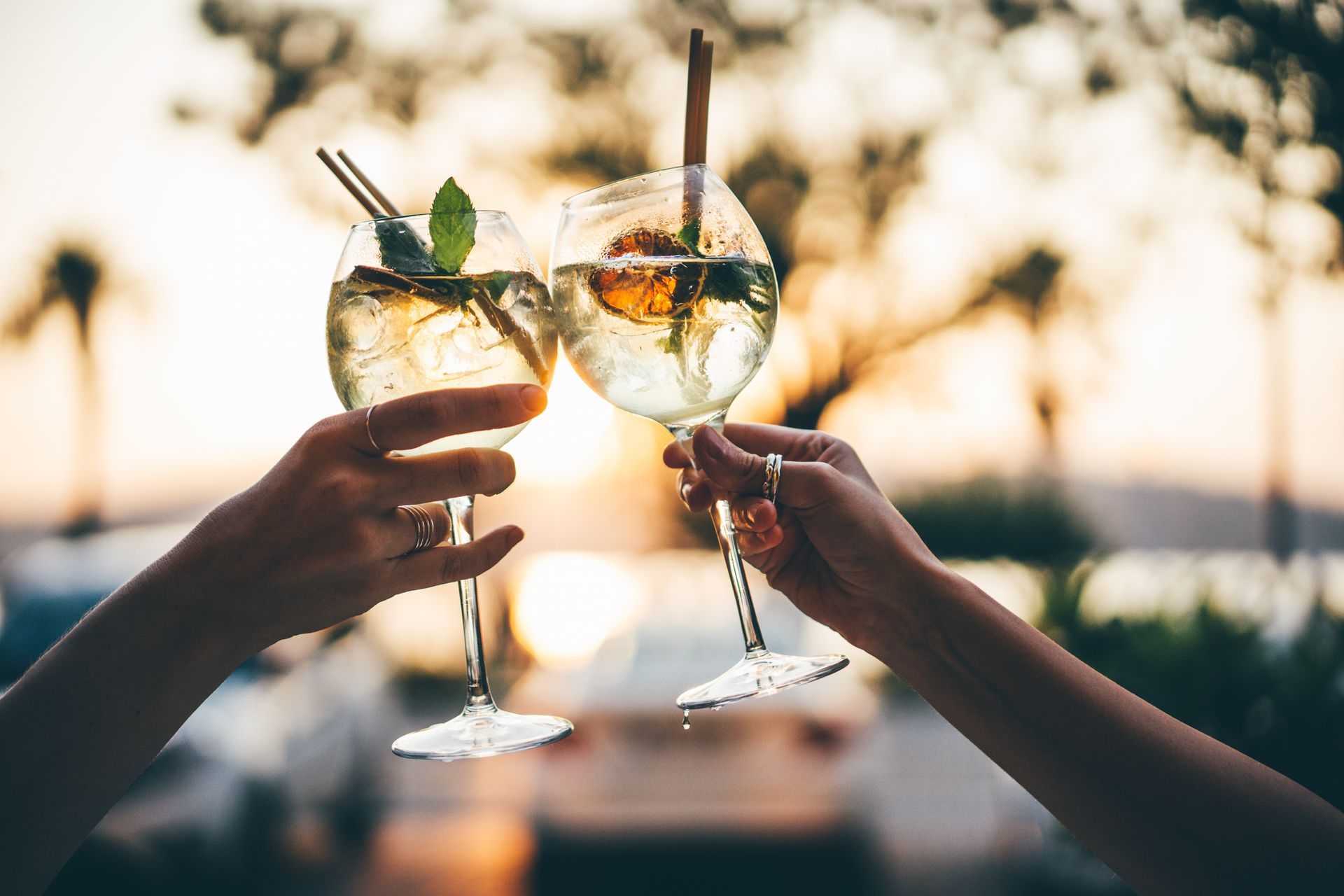 Two people are toasting with wine glasses at sunset.