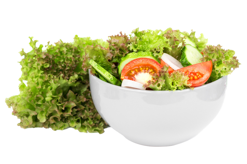 A bowl of salad with lettuce , tomatoes , cucumbers and onions on a white background.