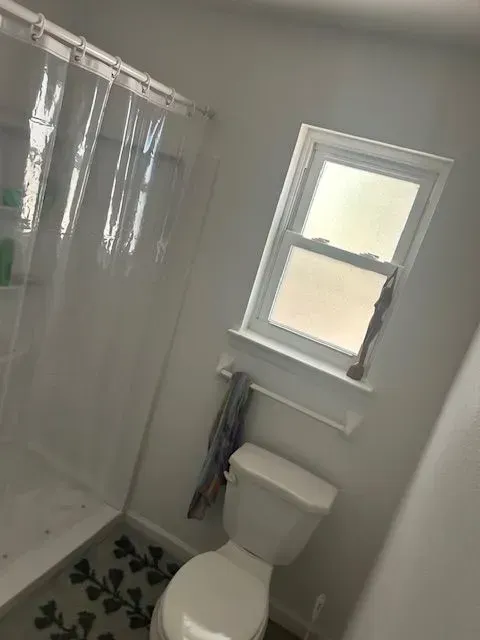A bathroom with a toilet , shower and window.