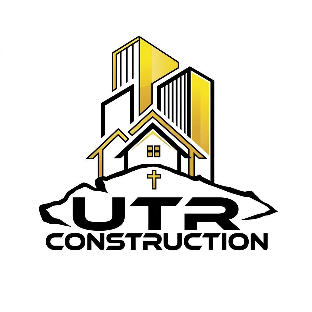 Logo for UTR Construction featuring gold buildings, a small house, and a cross on a rocky base, with text below.