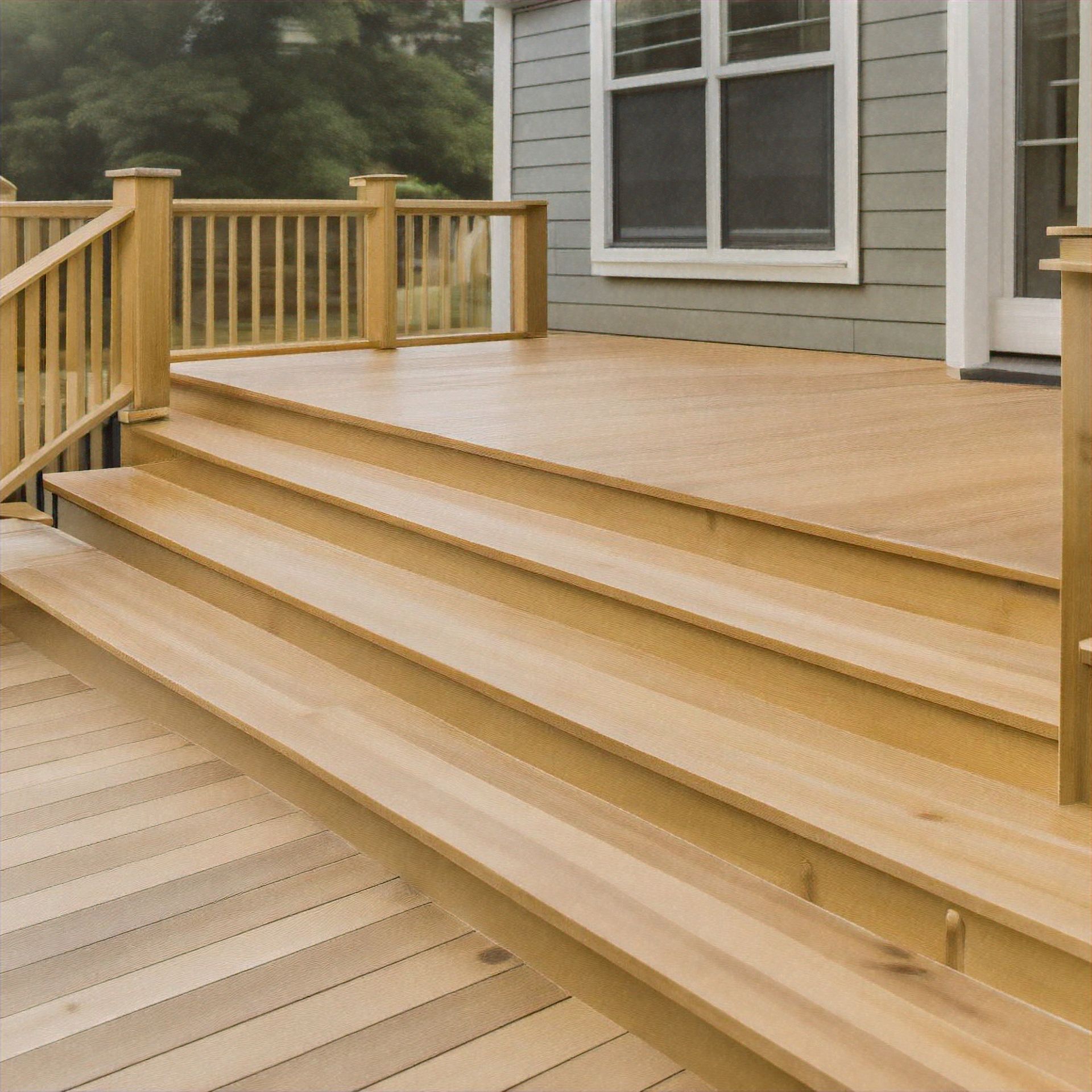 A wooden deck with stairs leading up to it
