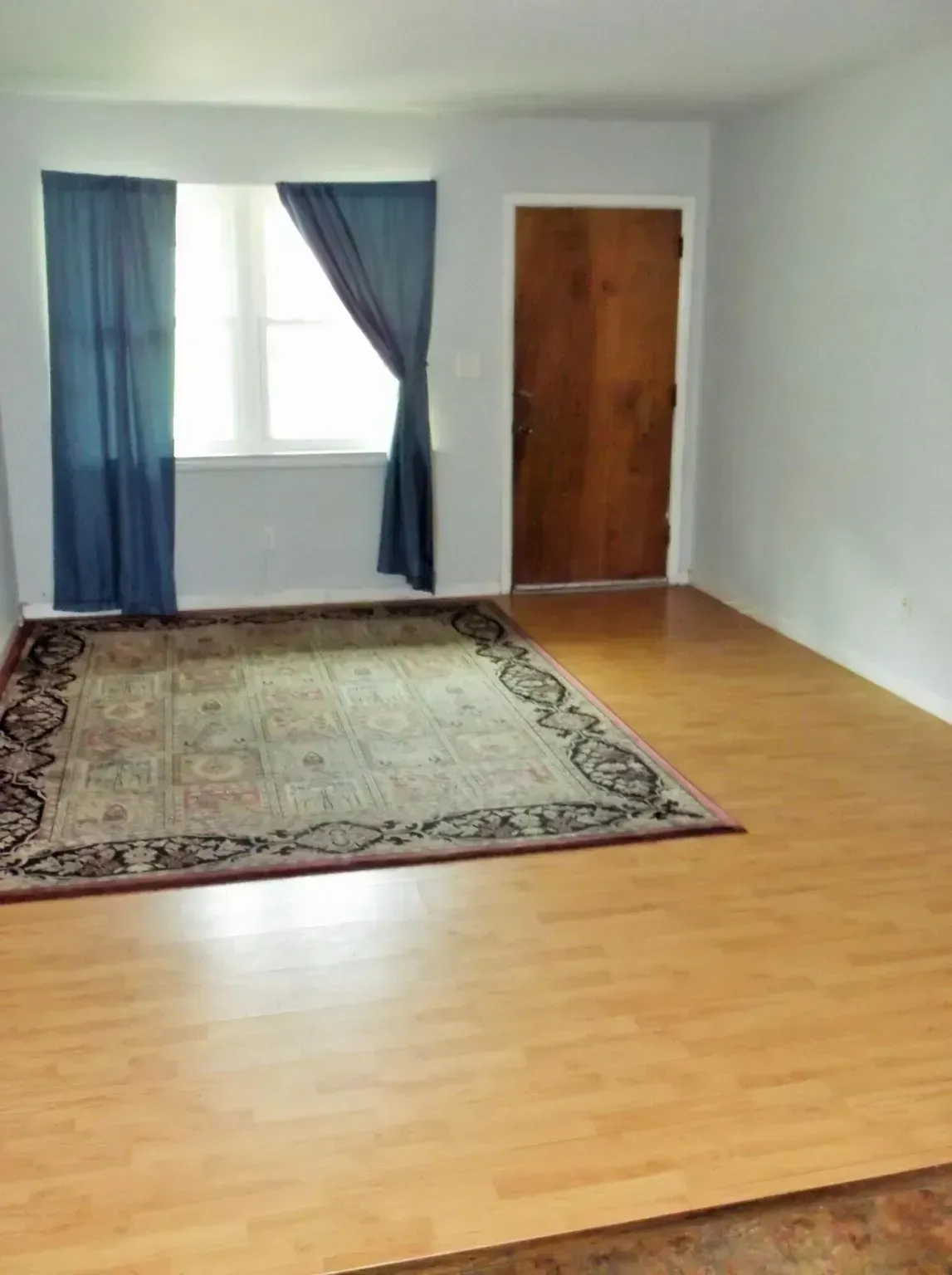 A living room with hardwood floors , a rug , a window and a door.
