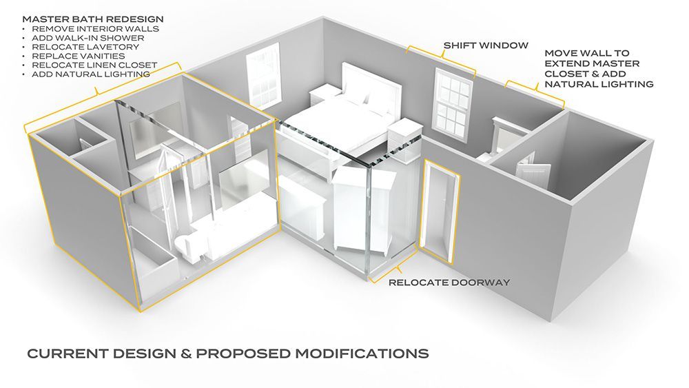 A 3d floor plan of a bedroom with a bed and a bathroom.