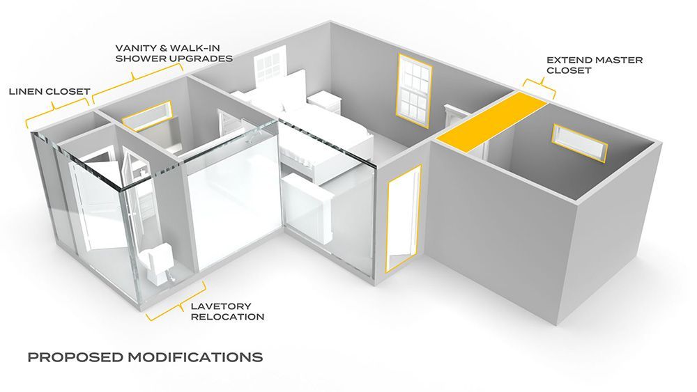 A 3d floor plan of a house with proposed modifications