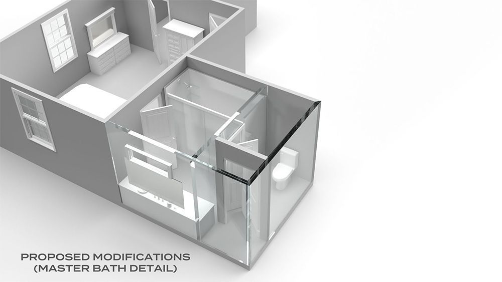 A 3d model of a bathroom with proposed modifications