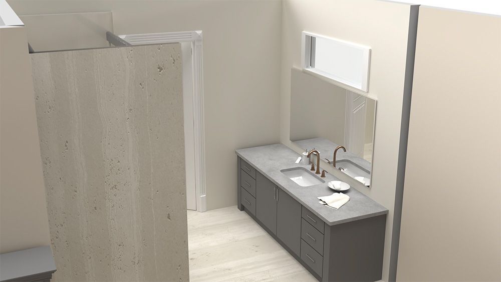 A bathroom with two sinks , a mirror and a walk in shower.