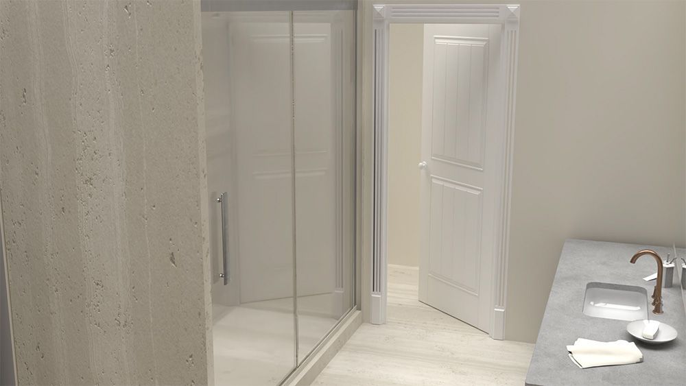 A bathroom with a sink , shower , and mirror.