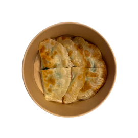 A round, light-brown paper bowl filled with five golden-brown, pan-fried dumplings arranged in two rows.