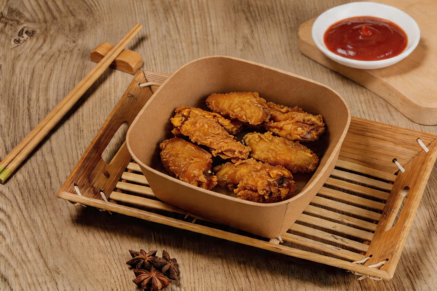 Six golden-brown fried chicken wings arranged in a square, light brown paper takeout container on a white surface.