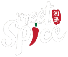 Logo for "meet Spice" with white cursive text, a red chili pepper icon, and a red seal containing two Chinese characters.