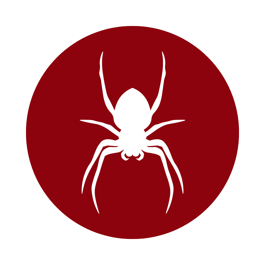 White spider silhouette on a red circle.