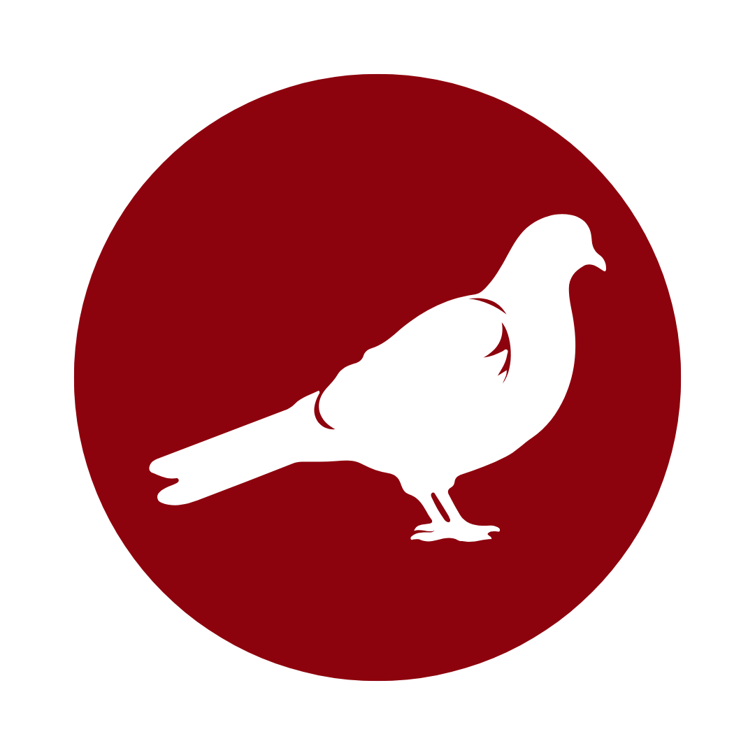 White dove silhouette in a red circle.