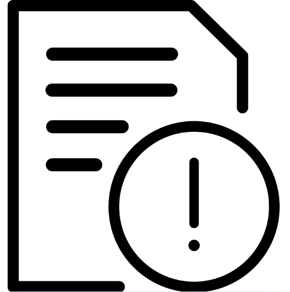 A line drawing of a sheet of paper with an exclamation point in a circle.