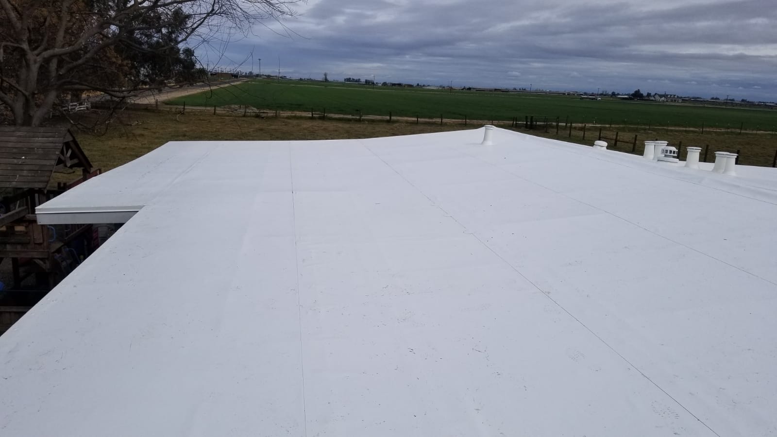 After photo: Expertly repaired skylight using IB PVC membrane by Econo Roofing on a Modesto, CA home, ensuring a watertight seal.