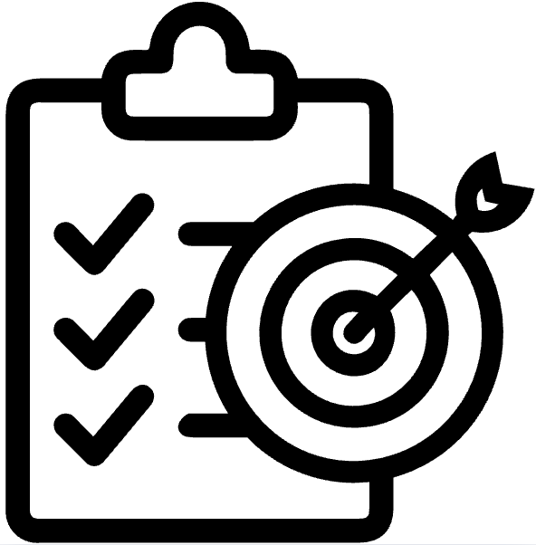 A clipboard with check marks and a target with a dart in it.