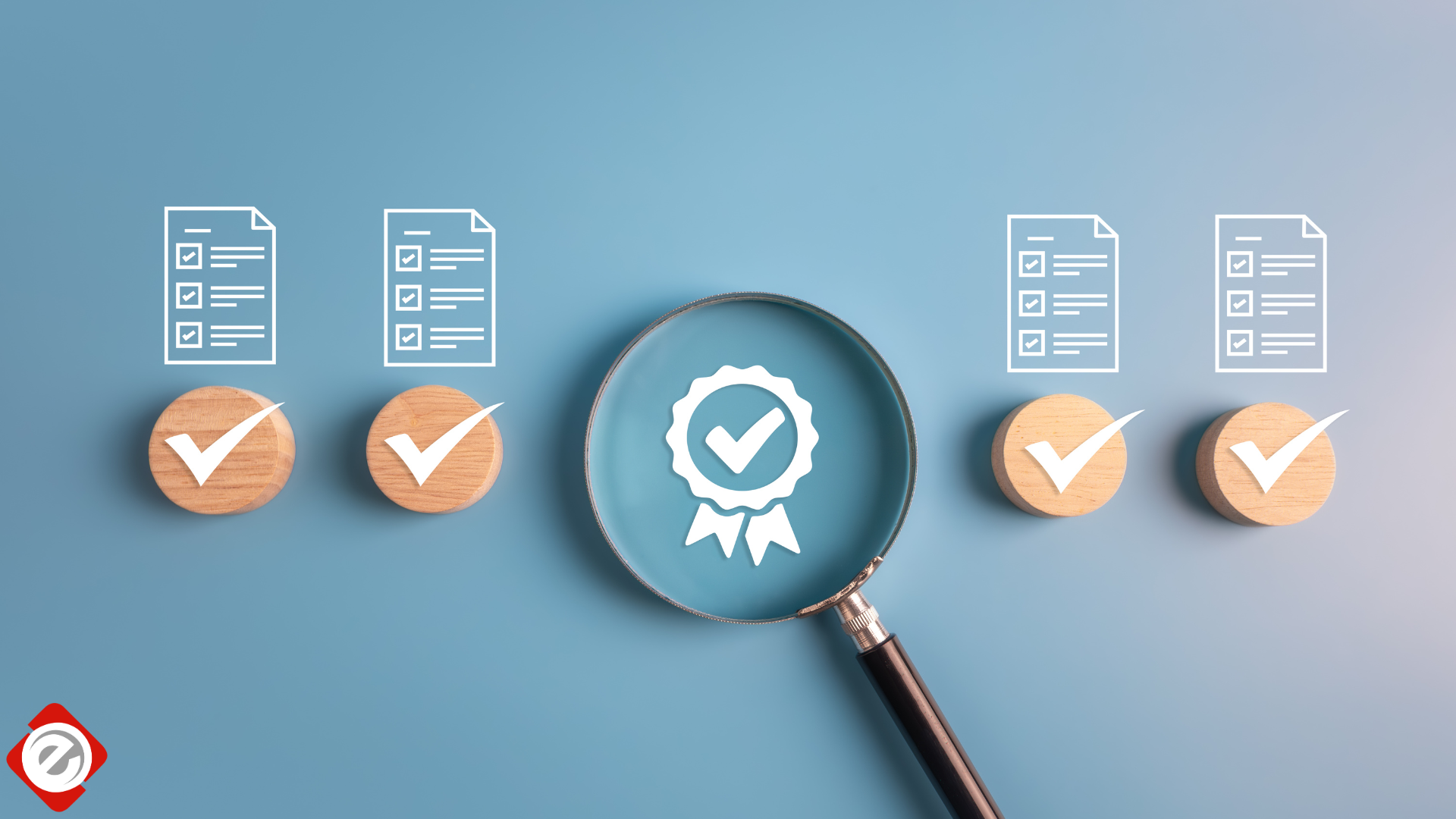 Magnifying glass over a quality assurance badge, with checklists and checkmarks on wooden discs.