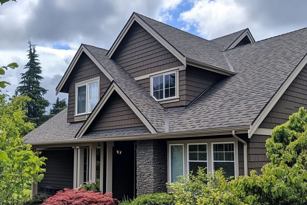 A large brown house with a gray roof and a lot of windows