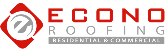 The logo for econo roofing is for residential and commercial roofing.
