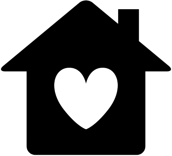 A black and white silhouette of a house with a heart in the middle.