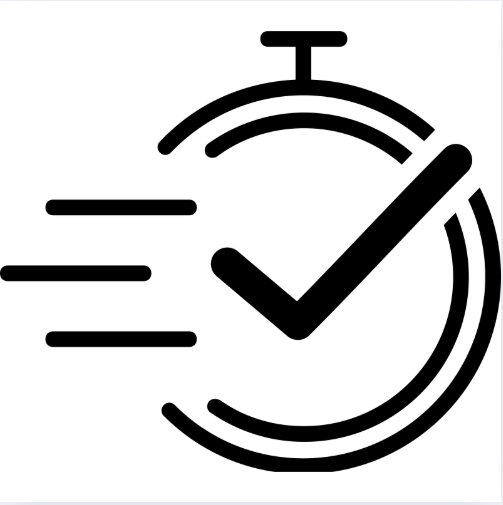 A black and white icon of a stopwatch with a check mark in the middle.