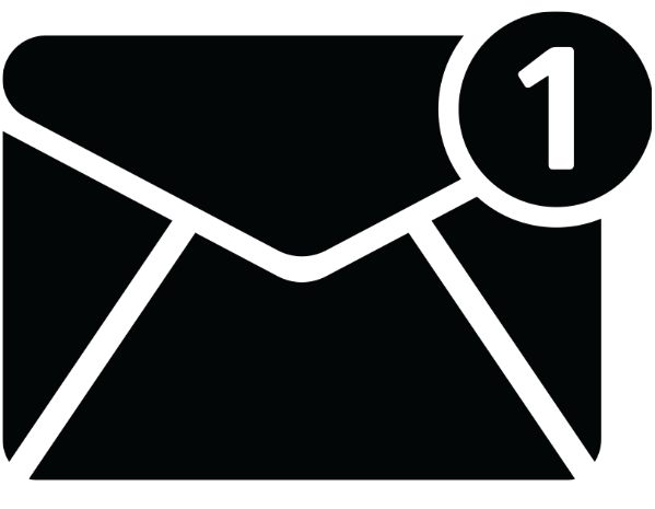 A black and white icon of an envelope with a number one notification.