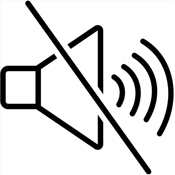 A black and white icon of a speaker with a cross through it.